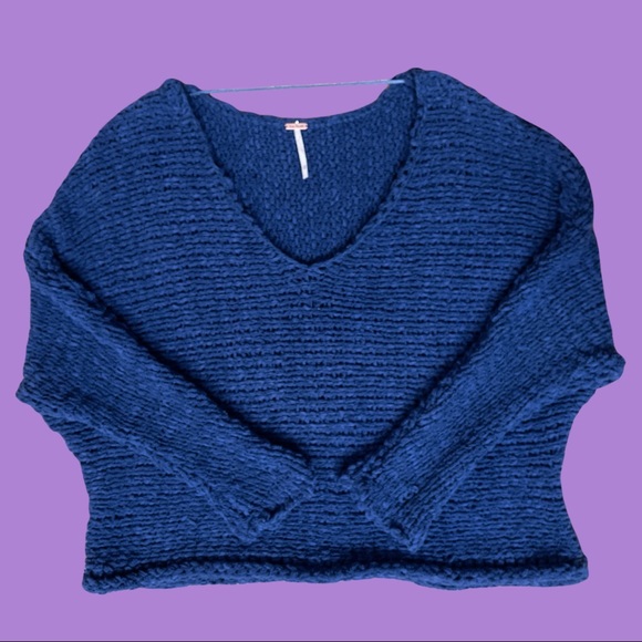 Free People Dolphin Bay Blue Cozy V-Neck Sweater XS - Picture 2 of 8